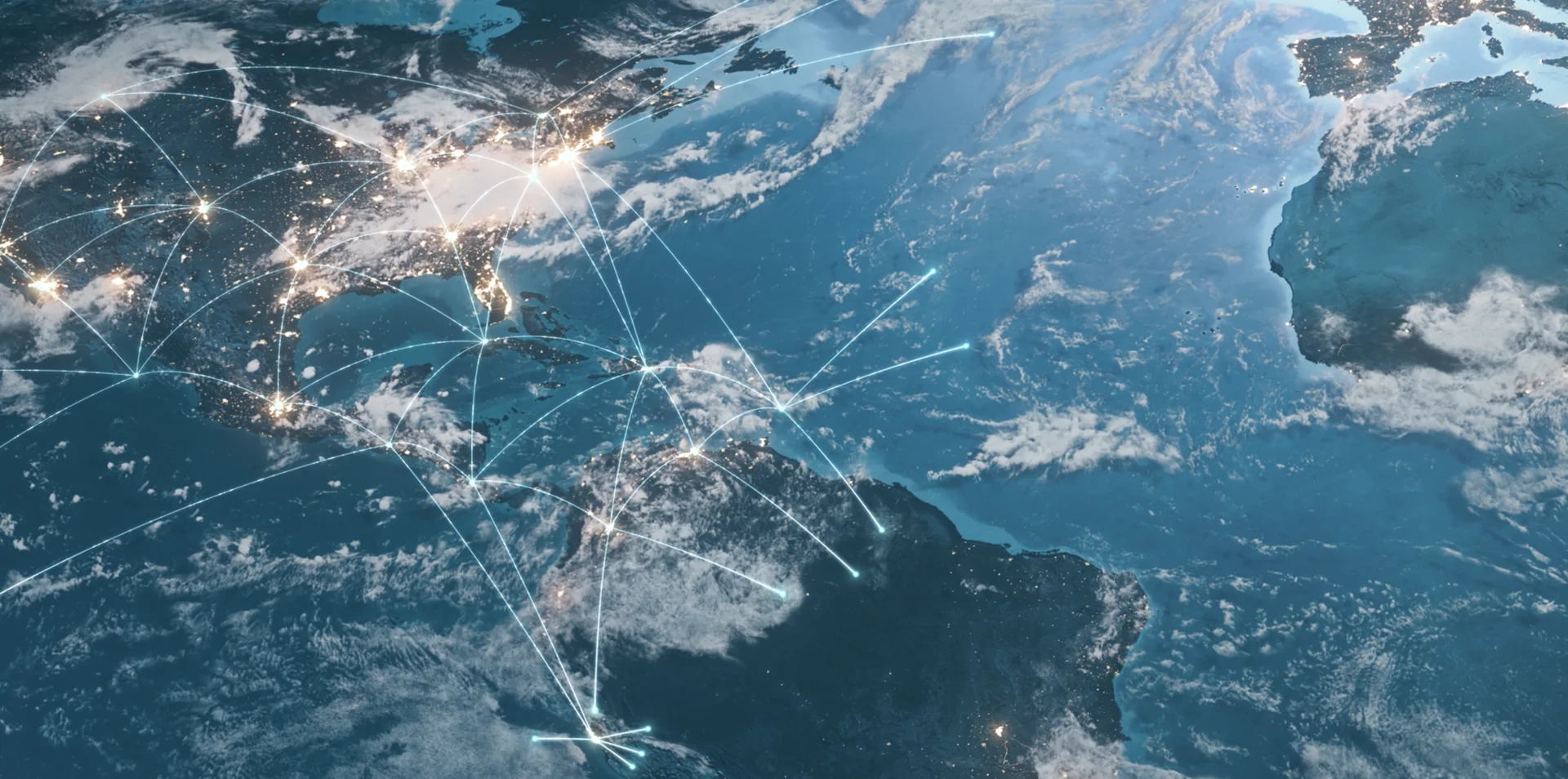 A digital map showing glowing lines and points representing global connections across North America, the Atlantic, and Europe.